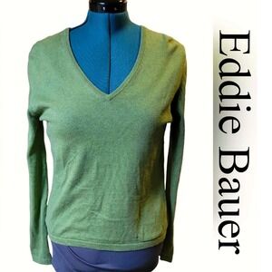Eddie Bauer Womens Sage Green Cotton Cashmere V-Neck Sweater Large L